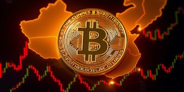 Bitcoin coin over map of China with yuan liquidity flowing into global markets