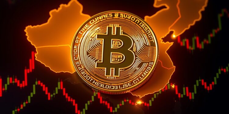 Bitcoin coin over map of China with yuan liquidity flowing into global markets