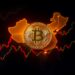 Bitcoin coin over map of China with yuan liquidity flowing into global markets