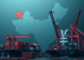 Cargo shipping containers and port cranes representing China trade surplus and global macro