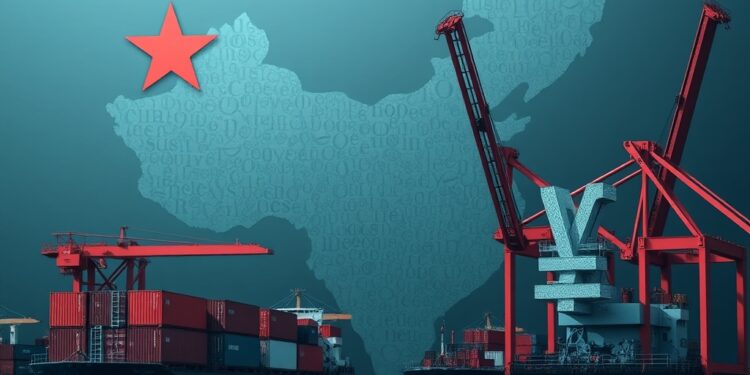 Cargo shipping containers and port cranes representing China trade surplus and global macro
