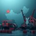 Cargo shipping containers and port cranes representing China trade surplus and global macro