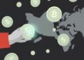 Conceptual illustration of a crypto exchange facilitating cross-border transfers under sanctions scrutiny