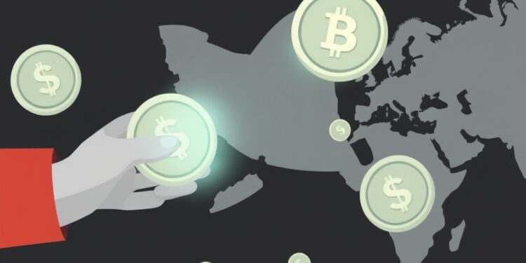 Conceptual illustration of a crypto exchange facilitating cross-border transfers under sanctions scrutiny