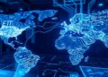 Glowing data streams connecting Europe and the US representing crypto ETP institutional flows