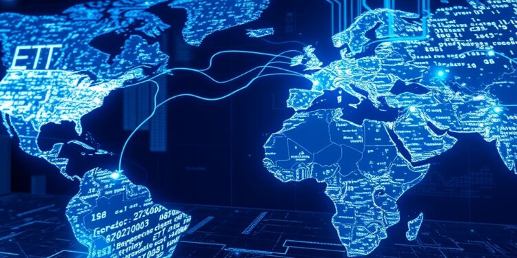 Glowing data streams connecting Europe and the US representing crypto ETP institutional flows
