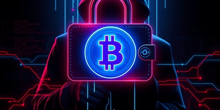 Cybersecurity illustration of a cryptocurrency wallet under malware attack