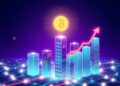 Tokenized real-world assets in DeFi recovering, glowing blockchain network with rising chart