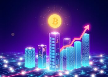 Tokenized real-world assets in DeFi recovering, glowing blockchain network with rising chart