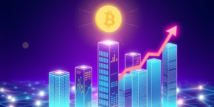 Tokenized real-world assets in DeFi recovering, glowing blockchain network with rising chart