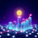 Tokenized real-world assets in DeFi recovering, glowing blockchain network with rising chart