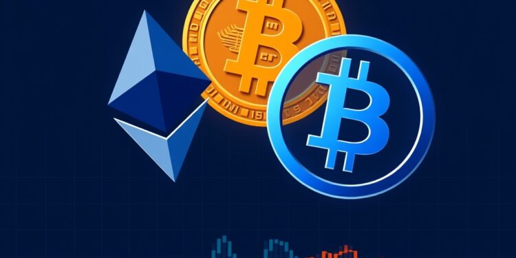 Ethereum and Bitcoin logos on a market chart with onchain indicators near a cycle bottom