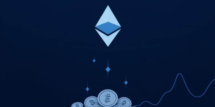 Ethereum logo rising above other crypto coins signaling rising ETH market dominance