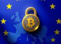 European Union flag with a digital crypto padlock over a map of Russia representing sanctions