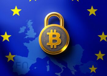 European Union flag with a digital crypto padlock over a map of Russia representing sanctions