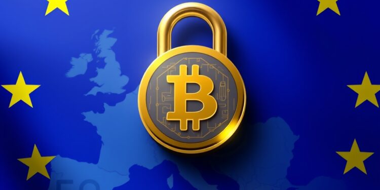 European Union flag with a digital crypto padlock over a map of Russia representing sanctions