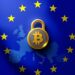 European Union flag with a digital crypto padlock over a map of Russia representing sanctions