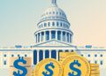 Digital dollar stablecoins with US Capitol building representing GENIUS Act regulation