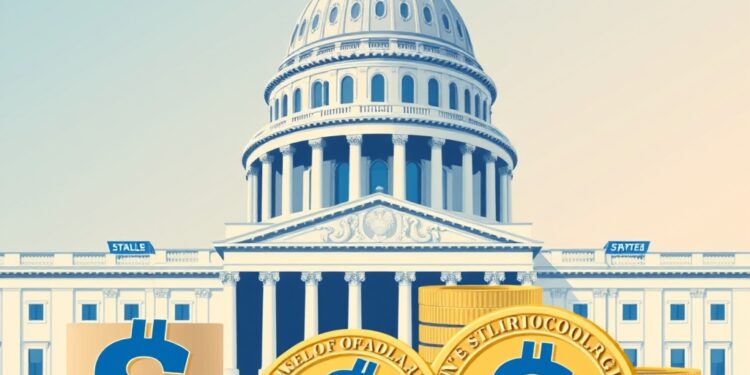 Digital dollar stablecoins with US Capitol building representing GENIUS Act regulation