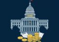 Illinois state capitol with digital asset coins and a 0.2 percent crypto tax theme
