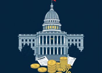 Illinois state capitol with digital asset coins and a 0.2 percent crypto tax theme