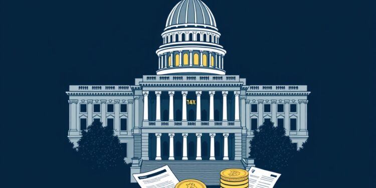 Illinois state capitol with digital asset coins and a 0.2 percent crypto tax theme