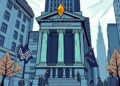 Illustration of a Wall Street bank launching low-cost Ethereum and Solana exchange-traded funds