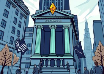 Illustration of a Wall Street bank launching low-cost Ethereum and Solana exchange-traded funds