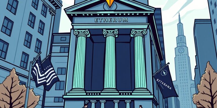 Illustration of a Wall Street bank launching low-cost Ethereum and Solana exchange-traded funds