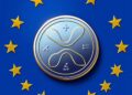 XRP Ripple coin with European Union stars and MiCA regulation theme