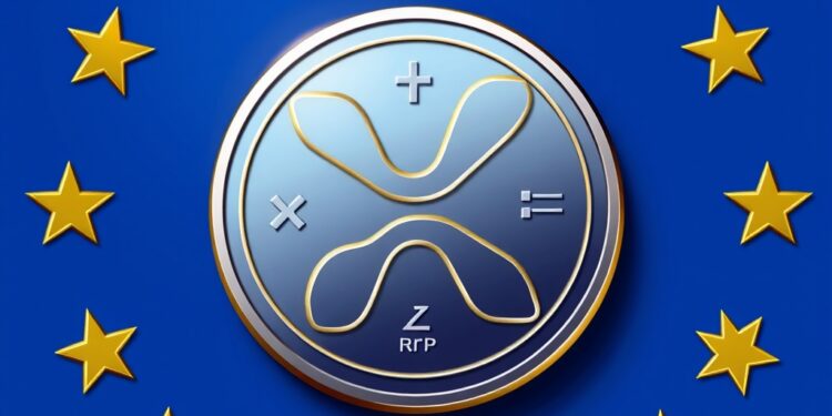 XRP Ripple coin with European Union stars and MiCA regulation theme
