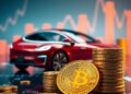 Electric car beside golden Bitcoin coins representing a corporate treasury