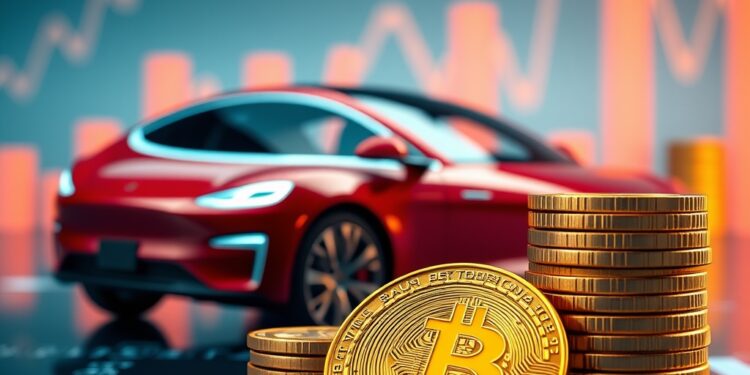 Electric car beside golden Bitcoin coins representing a corporate treasury