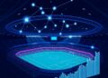 Soccer stadium overlaid with blockchain nodes representing prediction market volume