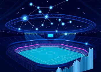 Soccer stadium overlaid with blockchain nodes representing prediction market volume