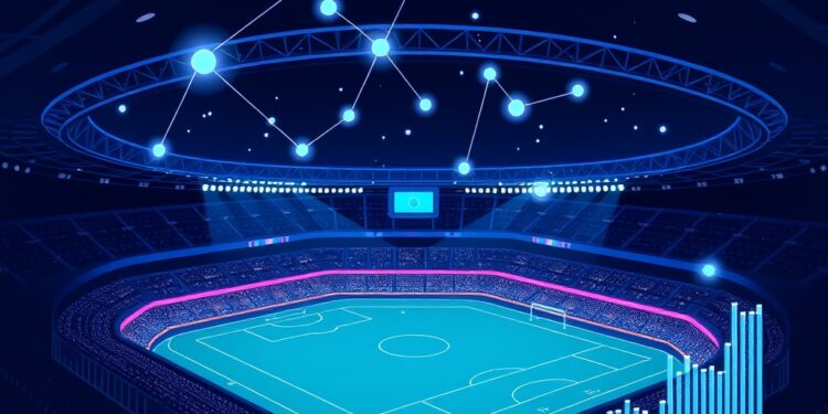 Soccer stadium overlaid with blockchain nodes representing prediction market volume