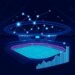 Soccer stadium overlaid with blockchain nodes representing prediction market volume