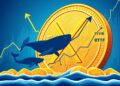XRP coin rising with whale silhouettes and ETF inflow arrows on a blue trading background