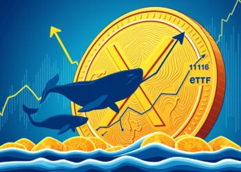 XRP coin rising with whale silhouettes and ETF inflow arrows on a blue trading background