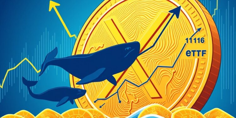 XRP coin rising with whale silhouettes and ETF inflow arrows on a blue trading background