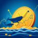 XRP coin rising with whale silhouettes and ETF inflow arrows on a blue trading background