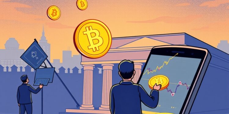 Illustration of a major bank offering in-app Bitcoin, Ethereum and Solana trading