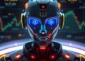 Futuristic representation of AI agents trading on a crypto exchange interface