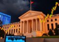 Bitcoin price chart rising above $65,000 against a backdrop of the US Federal Reserve and trading screens