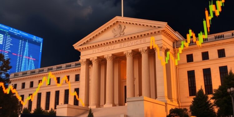 Bitcoin price chart rising above $65,000 against a backdrop of the US Federal Reserve and trading screens