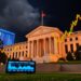 Bitcoin price chart rising above $65,000 against a backdrop of the US Federal Reserve and trading screens
