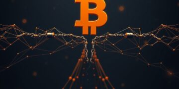 Bitcoin network fork splitting into two blockchain paths