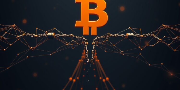 Bitcoin network fork splitting into two blockchain paths