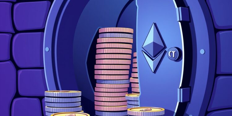 Illustration of a corporate Ethereum treasury vault with stacked ETH coins
