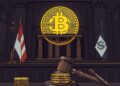 Courtroom gavel beside blockchain tokens representing BNB Chain legal action over an unauthorized memecoin